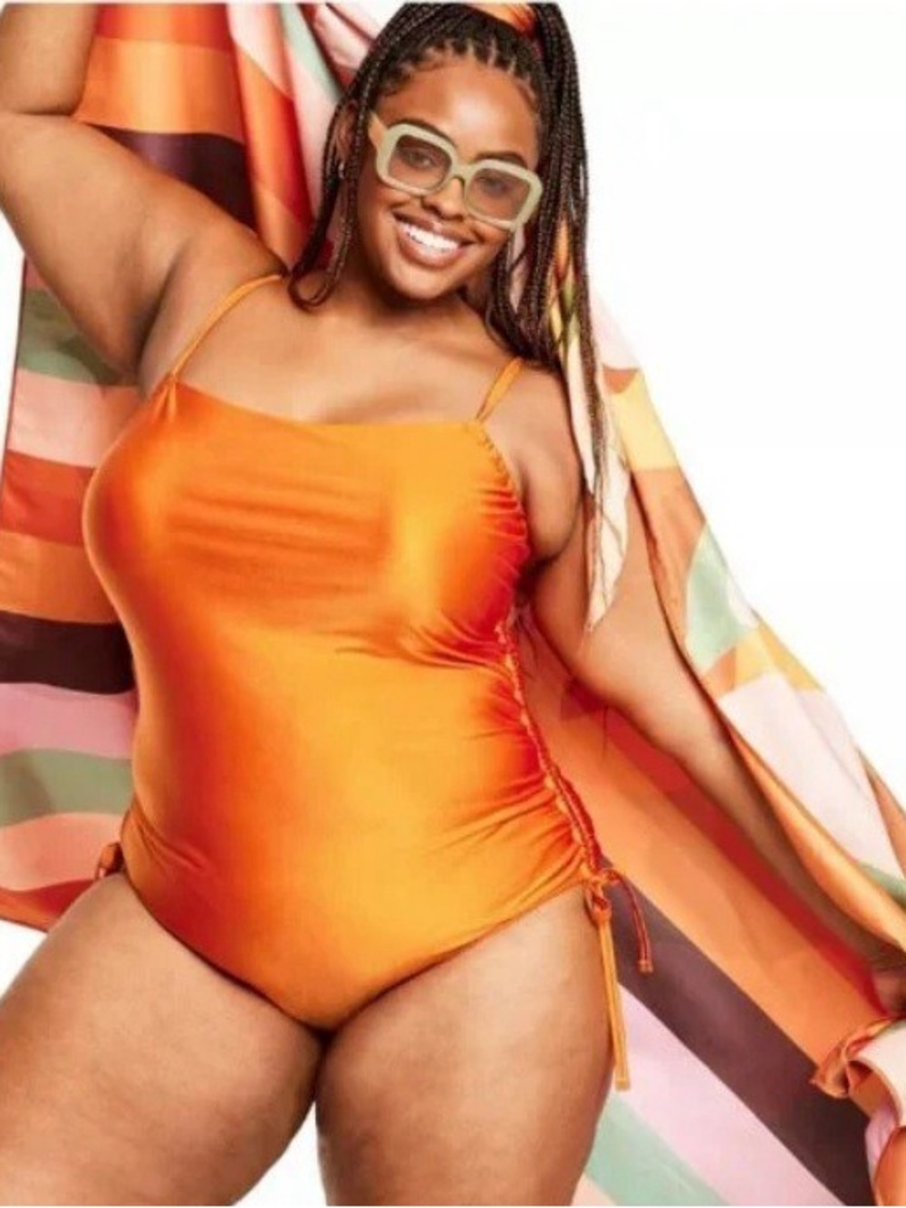 Fe Noel Metallic Orange Side-Ruched High Leg Cheeky One Piece Swimsuit XXL NWT